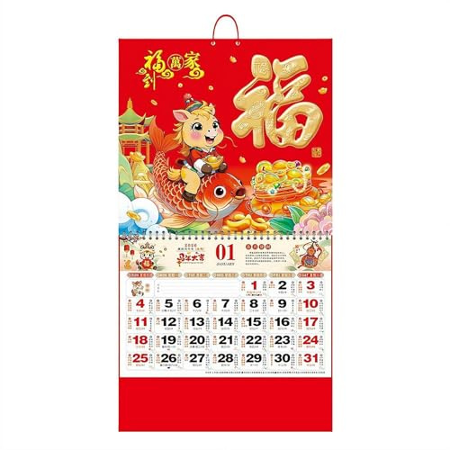 Chinesischer Wandkalender 2026, das Jahr des Pferdes Jahres zum Aufhängen, Chinesische Neujahrswandrolle 2026, Feng Shui, Hängekalender mit goldenem Fu-Figur, für Zuhause, Büro, Dekoration, Rot (#C)