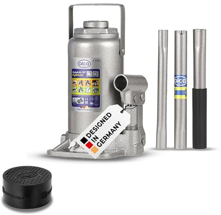 alca Cric hydraulique 15 t + support en caoutchouc I Kit de cric d'essieu de voiture, particulièrement robuste, certifié TÜV & GS, double piston, vis d'extension, antidérapant, protège le sous-sol