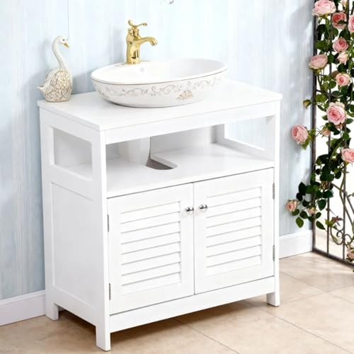 Hamwesh Mobiletto Portaoggetti Sottolavabo, Mobiletto da Bagno Bianco con Doppia e Ripiano Aperto, Ritaglio a Forma di U per Riporre Oggetti Organizzati, Realizzato in MDF, 60x30x60 Cm (WHITE)