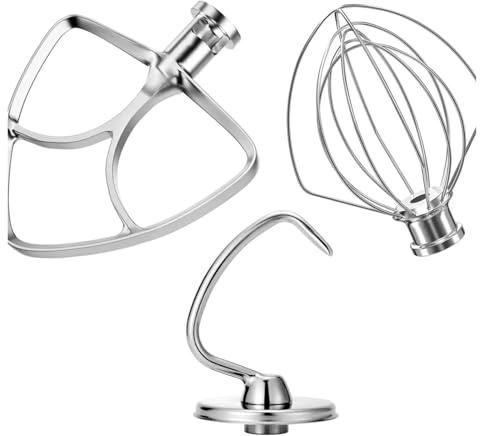 Accessoires for robot pâtissier en acier inoxydable, ensemble de 3 pièces (batteur plat, crochet pétrisseur, fouet), compatible avec les bols KitchenAid de 4,5 à 5 litres.