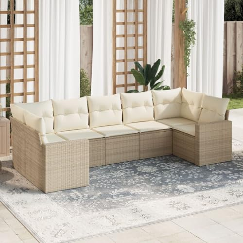 Frdhee Juego de muebles de balcón y terraza, juego de 7 piezas, conjunto de sofá de jardín con cojín de ratán de polirratán beis, grupo de asientos para balcón, terraza, embalaje compacto y fácil