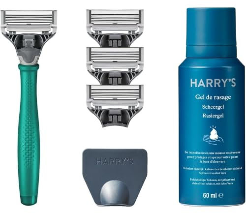 Harry’s Nassrasierer für Männer – Rasier-Set mit blauem Griff, 5 Ersatz-Rasierklingen, Reise-Klingen-Cover, 60ml Rasiergel Rasierer, Rasierklingen für Herren, Rasier Klingen Männer | Truman Rasierer im Zweifarbigen Design, Rasiergel und Klingenschutz für Unterwegs