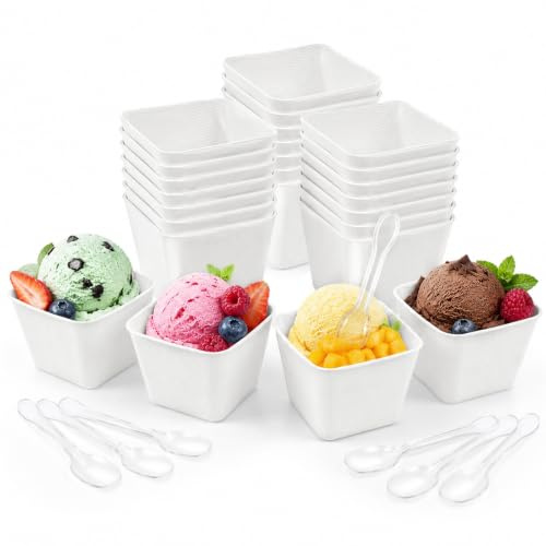 HYZYWON Vasos de Helado, 25/50 Vasitos para Helados con Cucharas, Tarrinas para Helados Desechables de Papel para Helado, Cuencos para Postres, Yogur, Fruta y Fiesta (50, C)