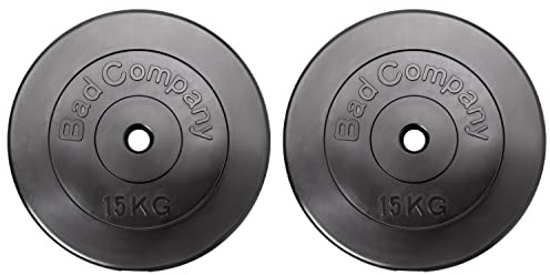 Bad Company Discos de pesas de plástico de 30/31 mm, 2 x 15 kg, peso 15 kg por pares, pesas para mancuernas y mancuernas