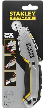 STANLEY Fatmax Arbeitsmesser + Baustellenmesser 2 in 1 Arbeitsmesser (mit einziehbarer Klinge, 180 mm Länge, vielseitige Einsatzmöglichkeiten durch zwei Klingen (Haken- und Trapezklinge) 0-10-789