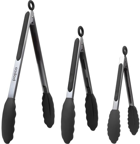 Popco 3-Piece Kitchen Tongs Set – Stainless Steel Heat Resistant Silicone Tips, Strong Comfort Grip, 3 Sizes (7, 9, 12 Inch), Non-Scratch, Dishwasher Safe, For Cooking, BBQ, Salad