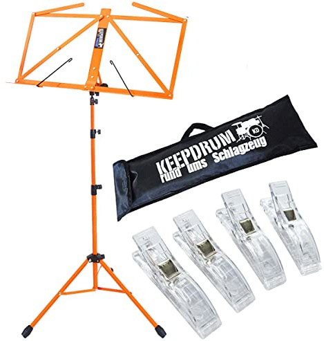 keepdrum MUS3OR Notenständer Orange + Tasche + 4 Stück Clip Notenklammer