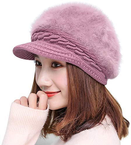 IBLUELOVER Schirmmützen Damen Schiebermütze Kunstpelz Ballonmütze Plüschfutter Baskenmütze Warm Barett Cap mit Visor Ohrenschützer Mütze Einfarbig Winter Beanie Kappe Elegant Retro Kopfwärmer