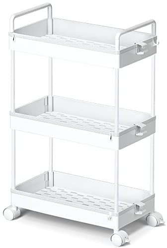 Ronlap 3 Tier Slim Rolling Storage Cart with Wheels Plastic Utility Cart Organizer for Snack Craft Art Postpartum Baby Diaper Nail Makeup in Bathroom Laundry Room Kitchen Bedside Narrow Space, White