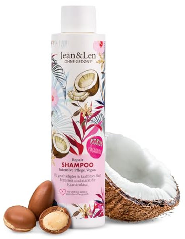 Jean & Len Shampoo Riparatore all'Olio di Cocco e Macadamia, per capelli danneggiati e deboli, previene la perdita di idratazione, ripara i danni ai capelli, senza parabeni e siliconi, vegan 300 ml