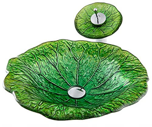 XYEJL Waschbecken Aus Gehärtetem Glas Mit Lotusblatt, Art Aufsatzwaschtisch Set, Gehärtetes Glas Waschbecken, Mit Wasserfall Wasserhahn Montagering Und Abflussrohr,A