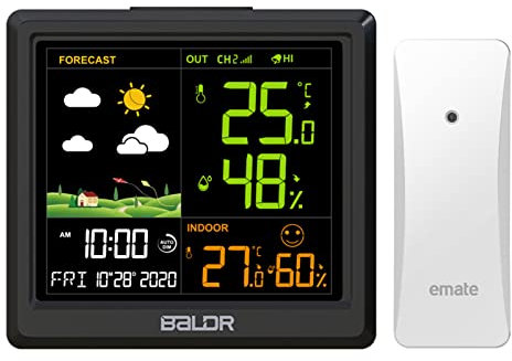 Qiumi Station météo, Station météo sans Fil, avec capteurs extérieurs et intérieurs, LCD Couleur, thermomètre, hygromètre, baromètre, prévisions météorologiques, Affichage de l’Heure, réveil Snooze