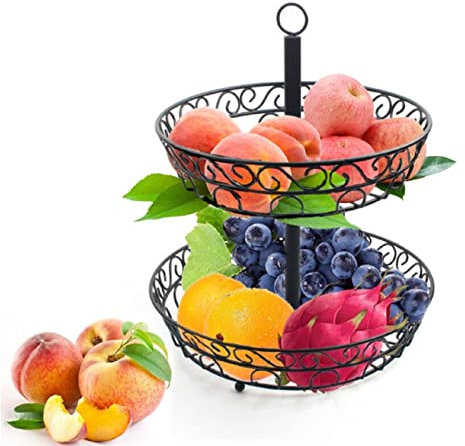 JUNYFFF Corbeille A Fruits-Panier A Fruits en Métal Décoration Plan De Travail - Coupe De Fruit Design Noire - Perfect pour Fruits, Légumes, Snacks, Articles Ménagers - 2 Etages - 34X29.7Cm