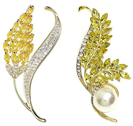 CAREOR Lot de 2 élégantes broches en métal avec oreilles de blé gravées et cristaux pour vêtements pour femmes et filles, 6.0cm x 3cm/2.36 x 1.18, Métal