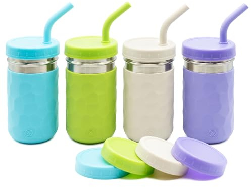 WeeSprout 2-in-1-Trinkbecher für Kinder, langlebiger Edelstahlbecher für Smoothies, Silikon-Trinkhalme mit Stopper, Premium-Kunststoff-Drehdeckel, griffige Hüllen, Set mit 4 spülmaschinenfesten