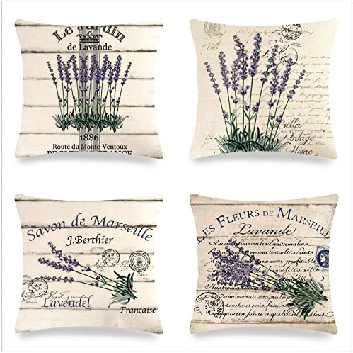 Dooqon Lavendel 4er Set 40x40cm Kissenbezüge doppelseitig HD-Druck Quadratische Sanft Wurf Kissenbezug Dekorative Geschenk Mit Unsichtbarem Reißverschluss Für Wohnzimmer, Sofa, Schlafzimmer