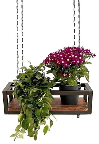 yelloo - Pflanzenregal Indoor Outdoor, Balkon Deko, Blumenständer Metall Hängendes Regal mit Ketten für Garten, Ideal zum Pflanzgefäßes im Freien (FLOWERS 55 cm, Braune/Walnüsse)