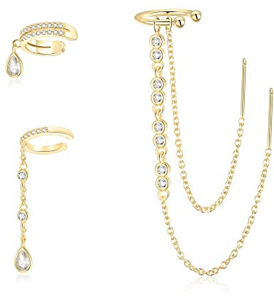 EVER FAITH 3 Stücke Ear Cuff Ohrringe Zirkonia und ohrringe mit kette Set einfädler Mix & Match Ohrring für Damen Mädchen Teens 14k Gold-Ton