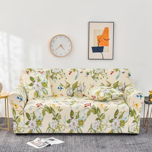 Lukery Stretch Sofabezug rutschfest Sofaüberwürfe mit Armlehnen, Universal Wohnzimmer All-Inclusive Ecksofa L Form Sofa/Sesselbezug für Hotel Schlafzimmer Zuhause (4 Sitzer,Blumen und Blätter)
