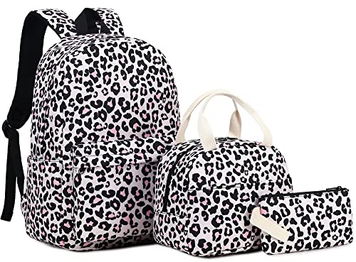 Mimfutu Skolryggsäck för tonårstjejer, 3-i-1 barnryggsäck bokväska set skolväskor med lunchlåda pennfodral, Leopard, L, Skolväska set