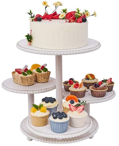 GENMOUS 4 Tiered Beaded Cake and Cupcake Stand Combo for Birthday Party Decor, Rustic Wooden Cupcake Tower Stands for 50 Cupcakes, White Cupcake Tier Stand Display for Wedding Baby Shower Tea Party
