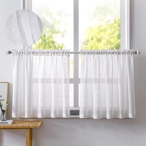 NSXIN 2er Set Scheibengardinen Halbtransparent Bistrogardine Gardinen Weiss Fenstervorhang Halb Küche Vorhänge Fensterschal für kleine Fenster Küche Wohnzimmer Landhaus (Weiß,B 90 x H 90 cm)