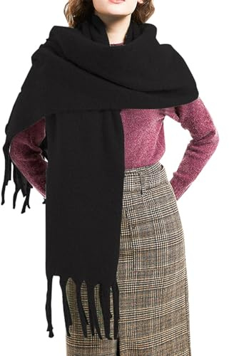 QUINTRA Et Hiver Grosse Frange Cercle Sable Uni Écharpe pour Femmes et Hommes Épais Écharpe Écharpe Femme, Noir , taille unique