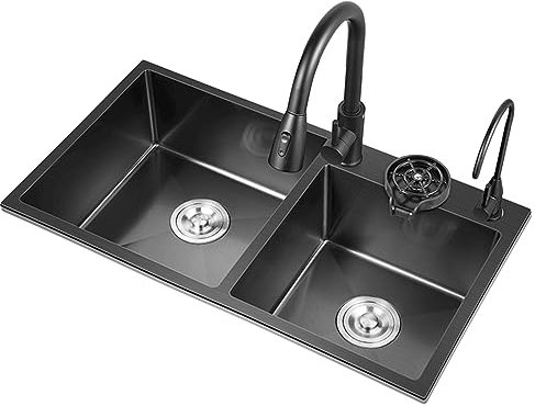 Küchenspüle, schwarzes Nano-Doppelwaschbecken, 3-Loch-Barspüle mit Tassenspüler und Wasseraufbereitungshahn für Badezimmer, Küche, Bar, Bar Küchenspüle (Farbe: Schwarz, Größe: 18 * 15,7 * 8,