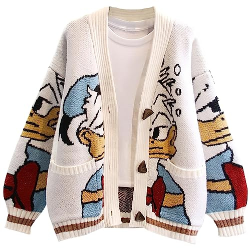 Leyoutx Womens Cute Embroidery Cartoon Duck Cable Knit Cardigans Sweater Button Down Slouchy Wool Blend Coat, White, XXL