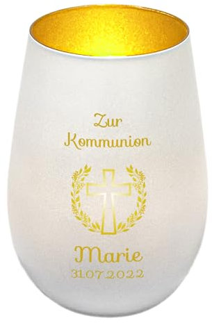 Windlicht mit Gravur zur Kommunion | Weiß/Gold | Kreuz mit Blumenkranz | Personalisiertes Kommunionsgeschenk Junge Mädchen Buben | Tischdeko und Geschenk zur Erstkommunion | Teelichthalter