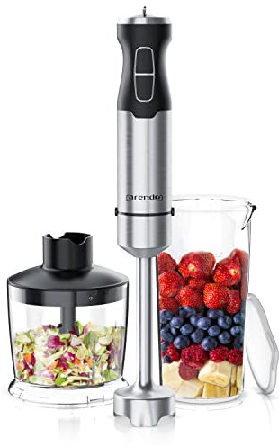 Arendo - Mixeur plongeant inox 1000 W, Mixeur à main, Couteau à 4 lames, Presse-purée, Variateur de 5 vitesses et Bouton turbo, Verre doseur 600 ml, Mélangeur à main, Hachoir, Pied de mixeur amovible
