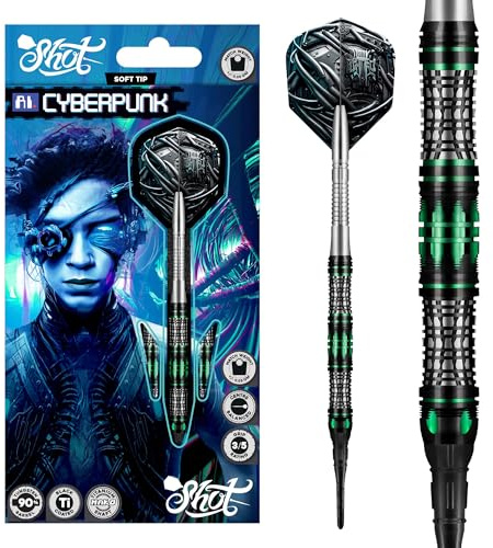 Shot! Soft Darts AI Cyberpunk Match Dart 90% Tungsten Softtip Darts | Soft Dart Hochwertiges Tungsten Dart Set mit Schäften und Flights Made in New Zealand (20 Gramm)