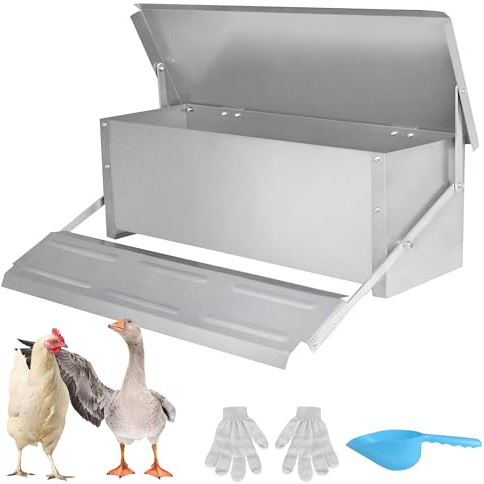 FIVMEN 10KG Futterautomaten mit Pedal Füßen Geflügel Futterspender aus Metall Automatischer Futtertröge Wasserdichter Automat Futterstation Farming Futterautomat für Hühner, Eten