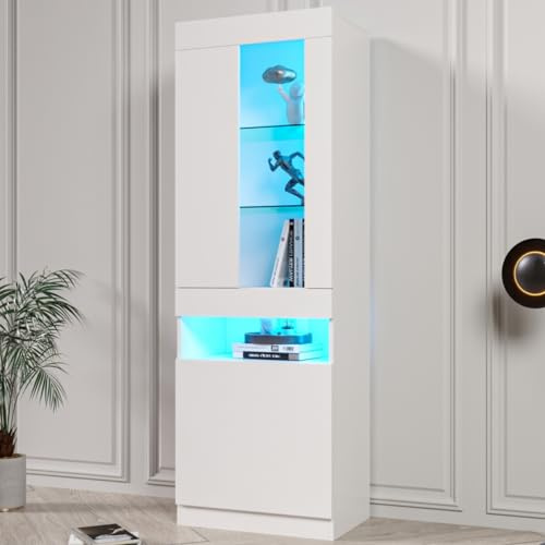 KOMHTOM Vitrine weißer Schmaler Schrank mit LED, Vitrinenschrank Sideboard mit Glasböden, Mehrzweckschrank für Wohnzimmer Esszimmer Schlafzimmer (A)