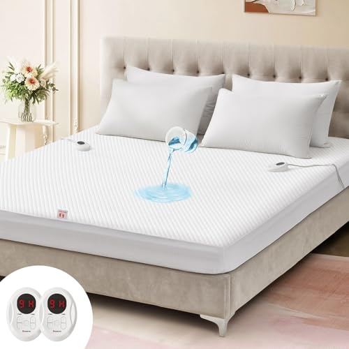 Bwarm Wasserdichte beheizte Matratzenauflage, ETL-zertifizierter Bettwärmer mit Memory-Funktion, 9 Heizstufen, 1–12 Stunden automatische Abschaltung, tiefe Tasche, maschinenwaschbar, White Queen