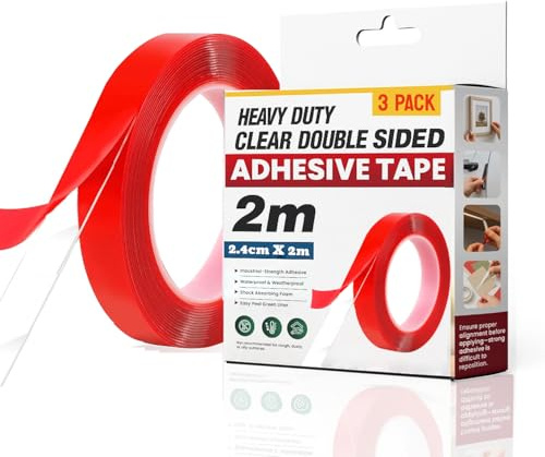 LEDSone 3 Roll Red Double Sided Tape Heavy Duty 2 m, Strong Double Sided Sticky Tape, Double Sided Carpet Tape Clear Tape Nano Tape Transparent Double Sided Adhesive Tape Waterproof Mounting Tape