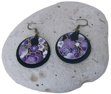 Boucles d'Oreilles Pendantes Originales Violet Mauve Parme Lilas Noir Fleurs Fleuri Japon Joponais Nature Bronze Cuir/Papier/Métal Artisanat Français Made In France Cadeau Femme Fille