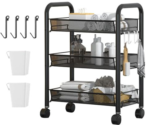 Rollwagen mit 3 Ebenen, Rollwagen aus Metall, Metallwagen mit Bechern & Haken, Allzweckwagen Rollende Lagerwagen, Multifunktional Servierwagen Roll Regal für Büro, Wohnzimmer, Küche( Schwarz)