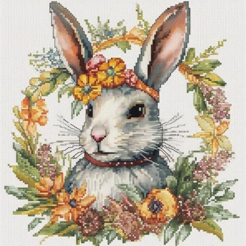 Wallphantom Kreuzstich-Sets für Anfänger,Blumenkranz Hase,Vollständiges Sortiment an Stick-Starter-Kits für Erwachsene,Bedrucktes Kreuzstich-DIY-Kit,40x40cm
