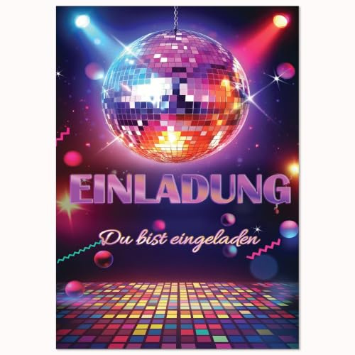 Edition Colibri Lot de 10 cartes d'invitation pour anniversaire d'enfant - Format A6 - Disco - Fête des années 80 et 90 - Invitation à un anniversaire