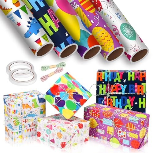 JeTuvlie Geschenkpapier Geburtstag, 5 Rollen Geschenkpapier Kinder(300 cm x 43cm) mit Hanfseil & Doppelseitiges Klebeband für Junge Mädchen Kindergeburtstag Gastgeschenke
