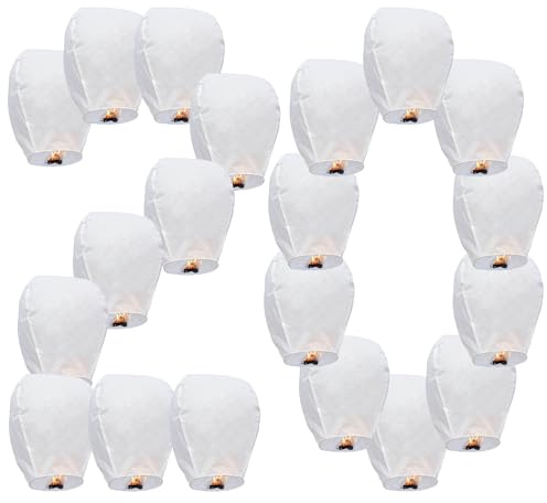 VAIIEYO 20 Pack Blanco Linternas Chinas del Cielo, Linternas de Papel Voladoras, Farolillos Voladores, Luces Brillantes Voladoras de Estilo Tradicional, Utilizadas para Cumpleaños, Bodas, Fiestas