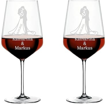 EKM Living Weinglas 2er Set mit Gravur zur Hochzeit personalisiert mit Namen und Datum/individuelles Geschenk für Brautpaar, zur Verlobung/Jahrestag/Weingläser Spiegelau & Nachtmann Style