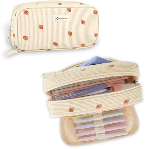 FINPAC Federmäppchen, Federtasche aus Cordstoff Große Kapazität Mäppchen mit 3 Fächern Pencil Case Stiftetasche Schlamperbox Bleistifttasche Schulmäppchen für Schule & Büro, (Erdbeere)