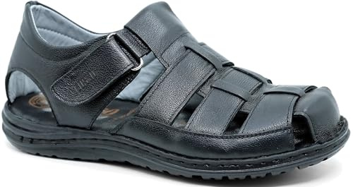 Lusco Sandali da pescatore da uomo con cinturino in vera pelle, per esterni, spiaggia, estate, punta chiusa, comfort, Nero , 45 1/3 EU