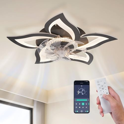 Maevor LED Deckenventilator mit Licht Leise, 69 cm Deckenventilator mit Beleuchtung Dimmbar (3000K-6000K), App & Fernbedienung, für Schlafzimmer/Wohnzimmer, 47W, Schwarz