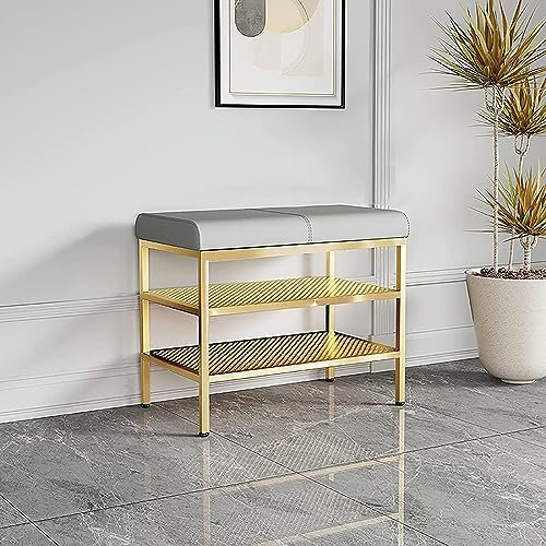 Banc à chaussures d'entrée, banc de rangement, banc de bout de lit, banc à chaussures à cadre en métal, tabouret à chaussures de luxe léger avec étagère à 2 niveaux, étagère à chaussures d'