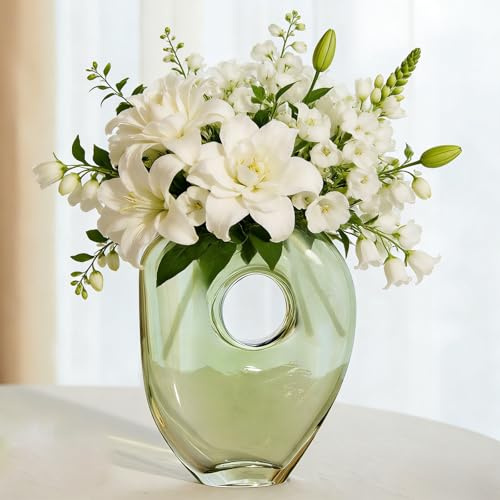 DN DECONATION Flower Vase for Kitchen Home Decor, Amber Hollow Glass Vase for Bouquet, Tall Vases for Flowers Table Centerpiece Dining Room Desk Decor Wedding Tulip Gift for Mom