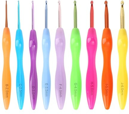 Falafoty Set di 9 uncinetti ergonomici, in alluminio colorato con impugnatura morbida, 2,0 mm - 6,0 mm, kit di aghi per maglieria fai da te, accessori per principianti, adulti e bambini