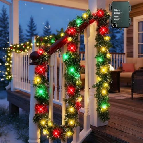 ChaneeHann Weihnachtsgirlande und Tannengirlande mit Beleuchtung Grüne 4.5m 50 LEDs Batteriebetrieben Innen Außen Weihnachtsdeko für Weihnachten, Farbiges Licht